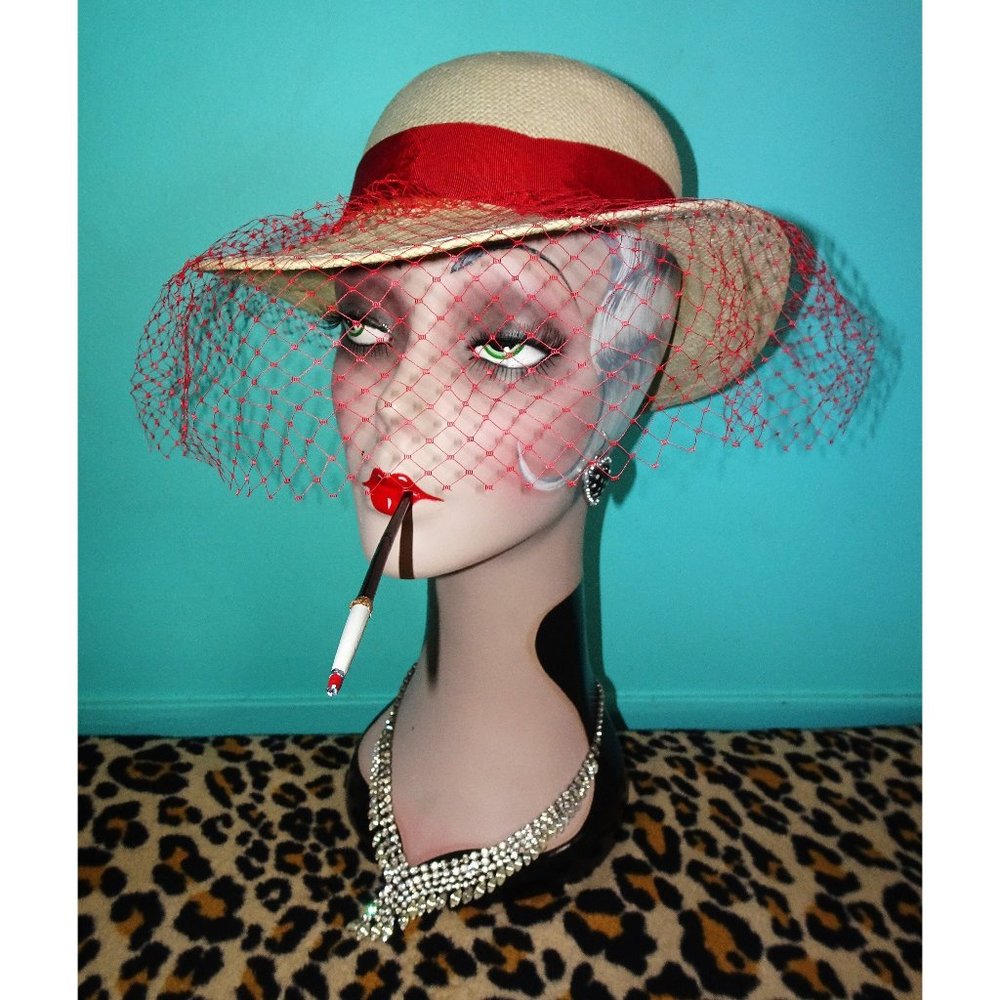 Vintage Tan and Red Veiled Hat